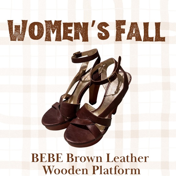 BEBE Brown Leather Wooden Platform Heels with Ankle Stap - Picture 1 of 4